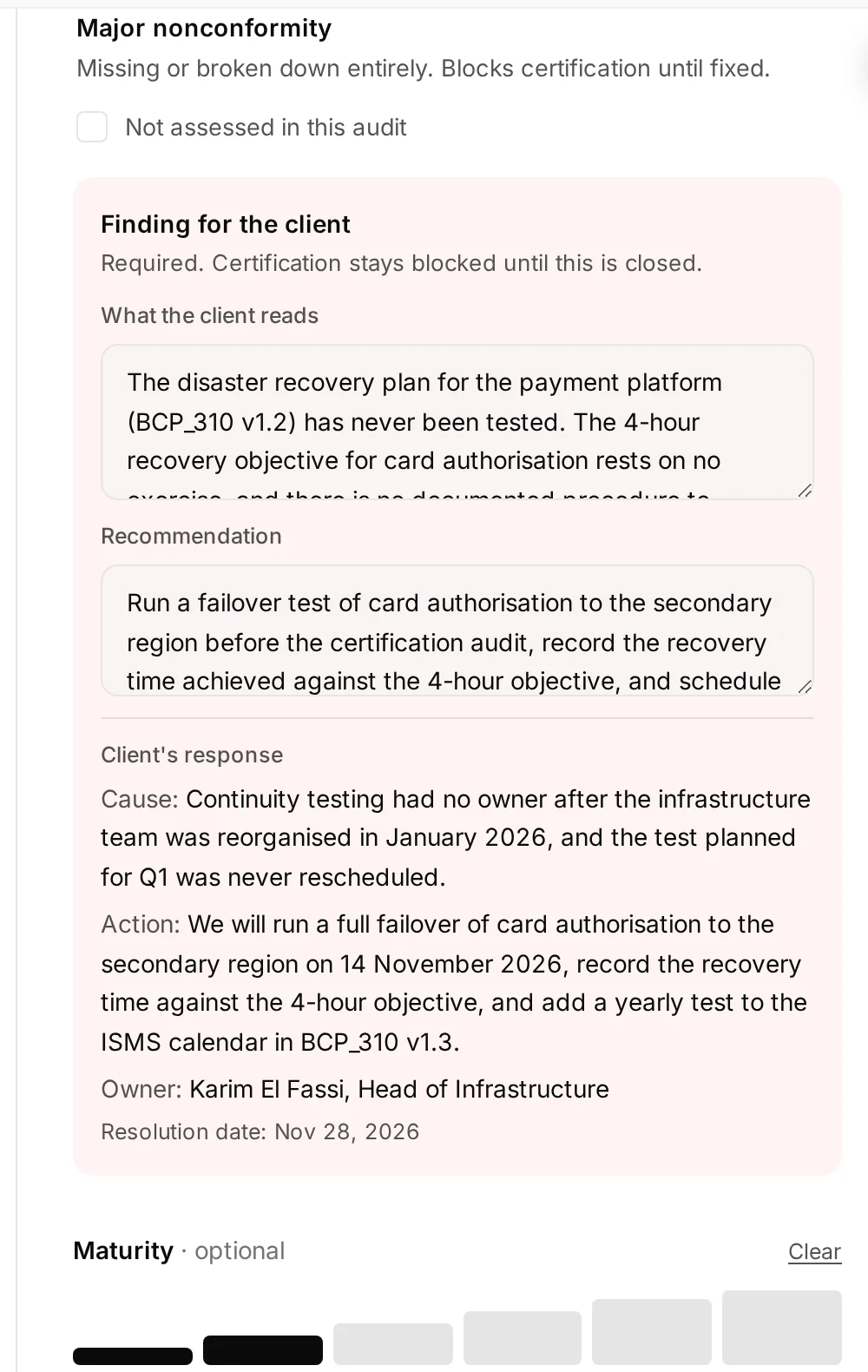 Screenshot of the finding for the client, with the client's response