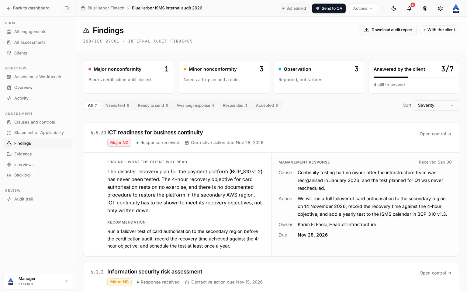 Screenshot of the Findings page