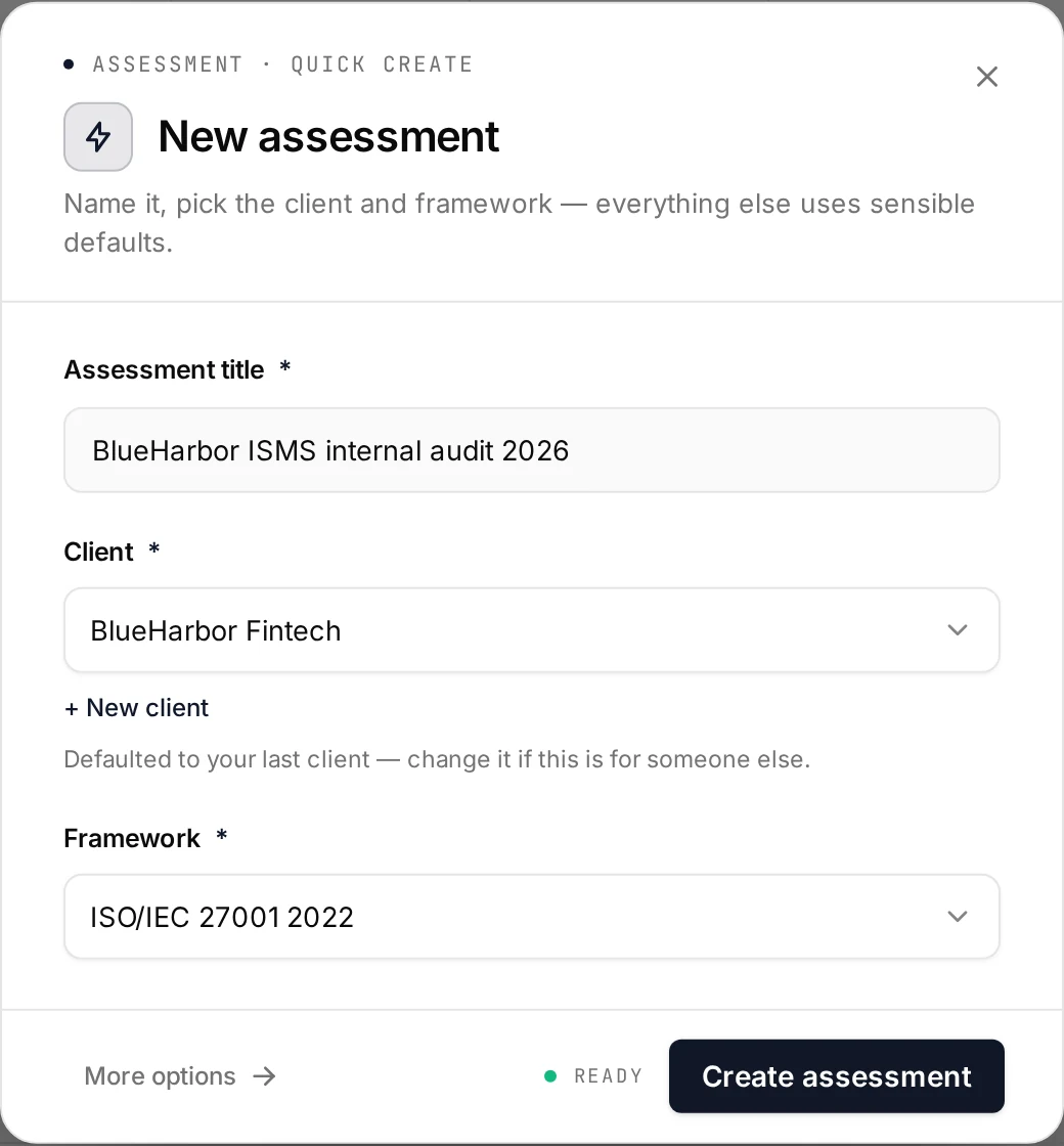 Screenshot of the quick create dialog with the ISO/IEC 27001 2022 framework selected