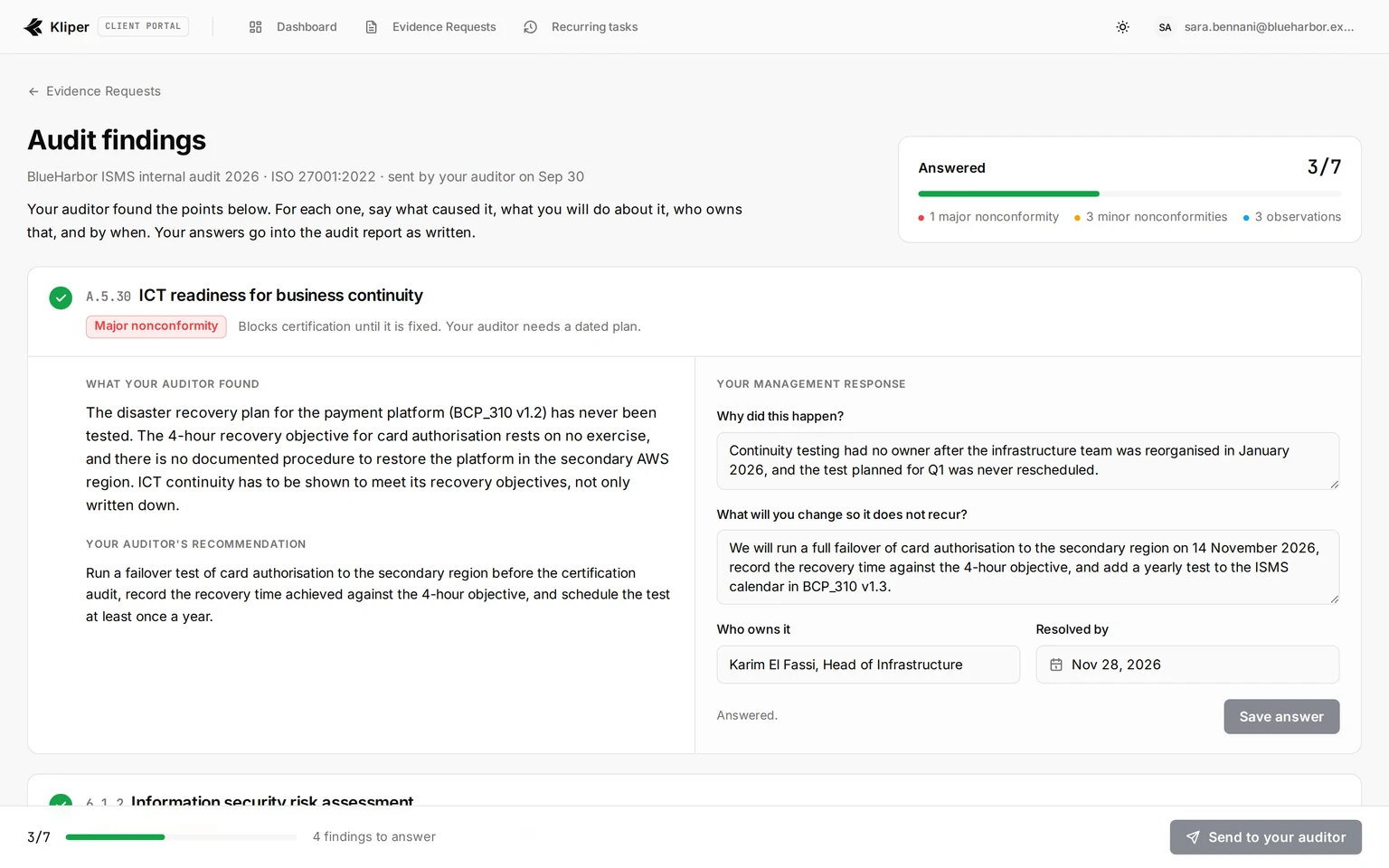 Screenshot of the audit findings page in the client portal