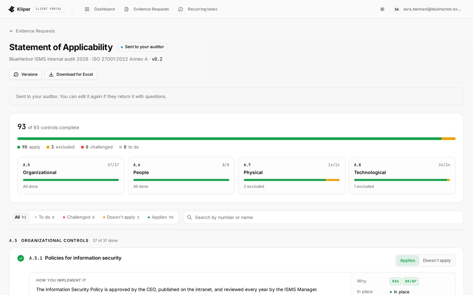 Screenshot of the Statement of Applicability in the client portal