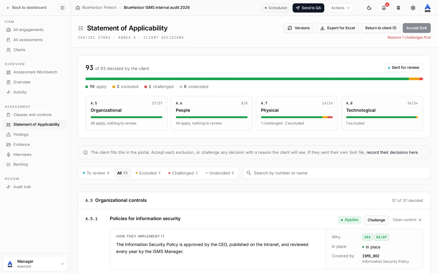 Screenshot of the auditor's Statement of Applicability page