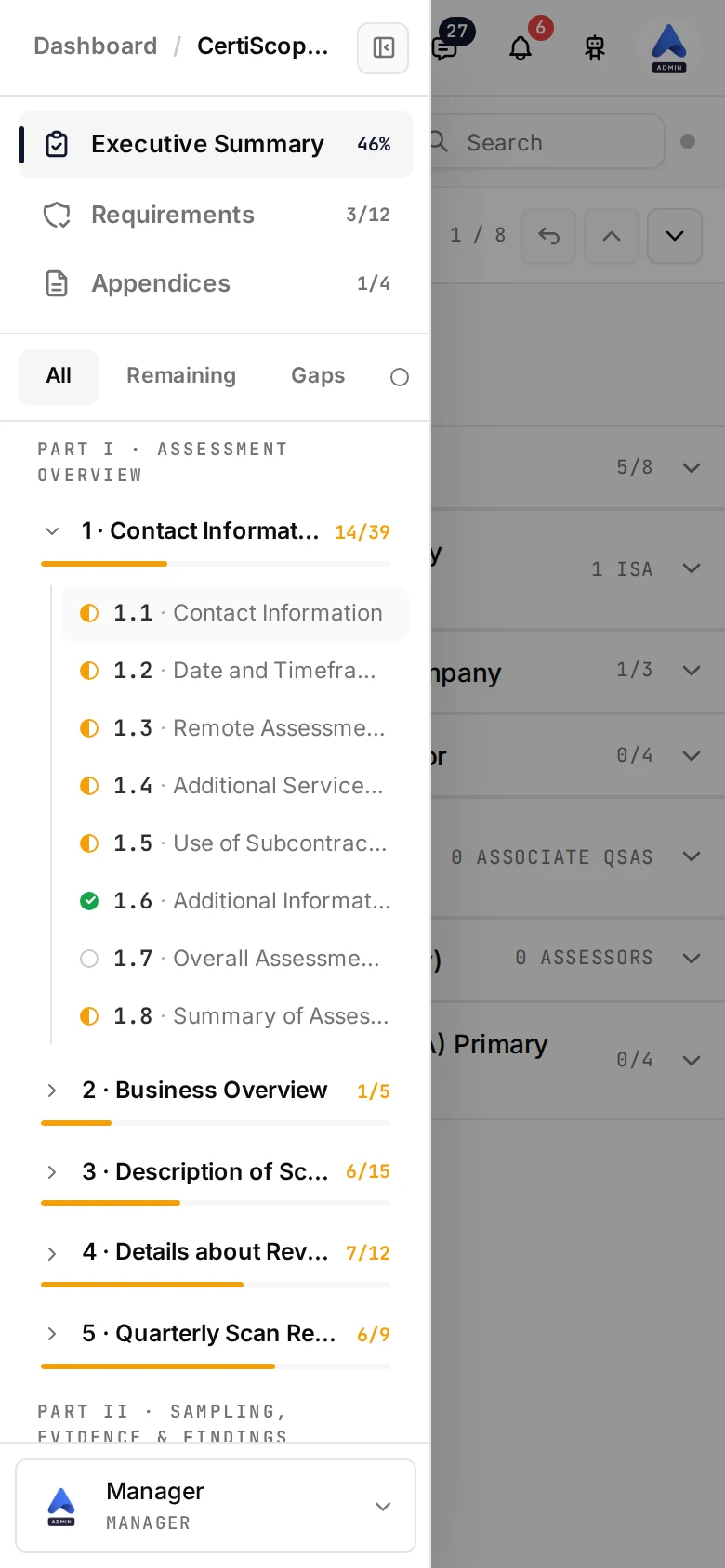 Screenshot of an assessment on a phone with the navigation drawer open