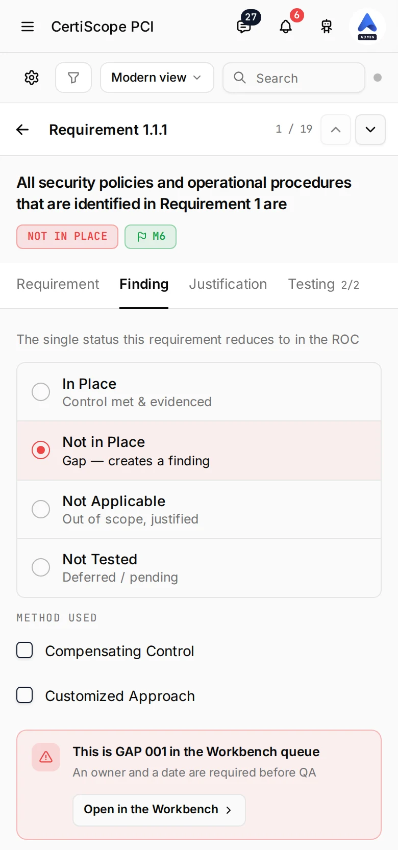 Screenshot of a PCI DSS control on a phone, on the Finding tab