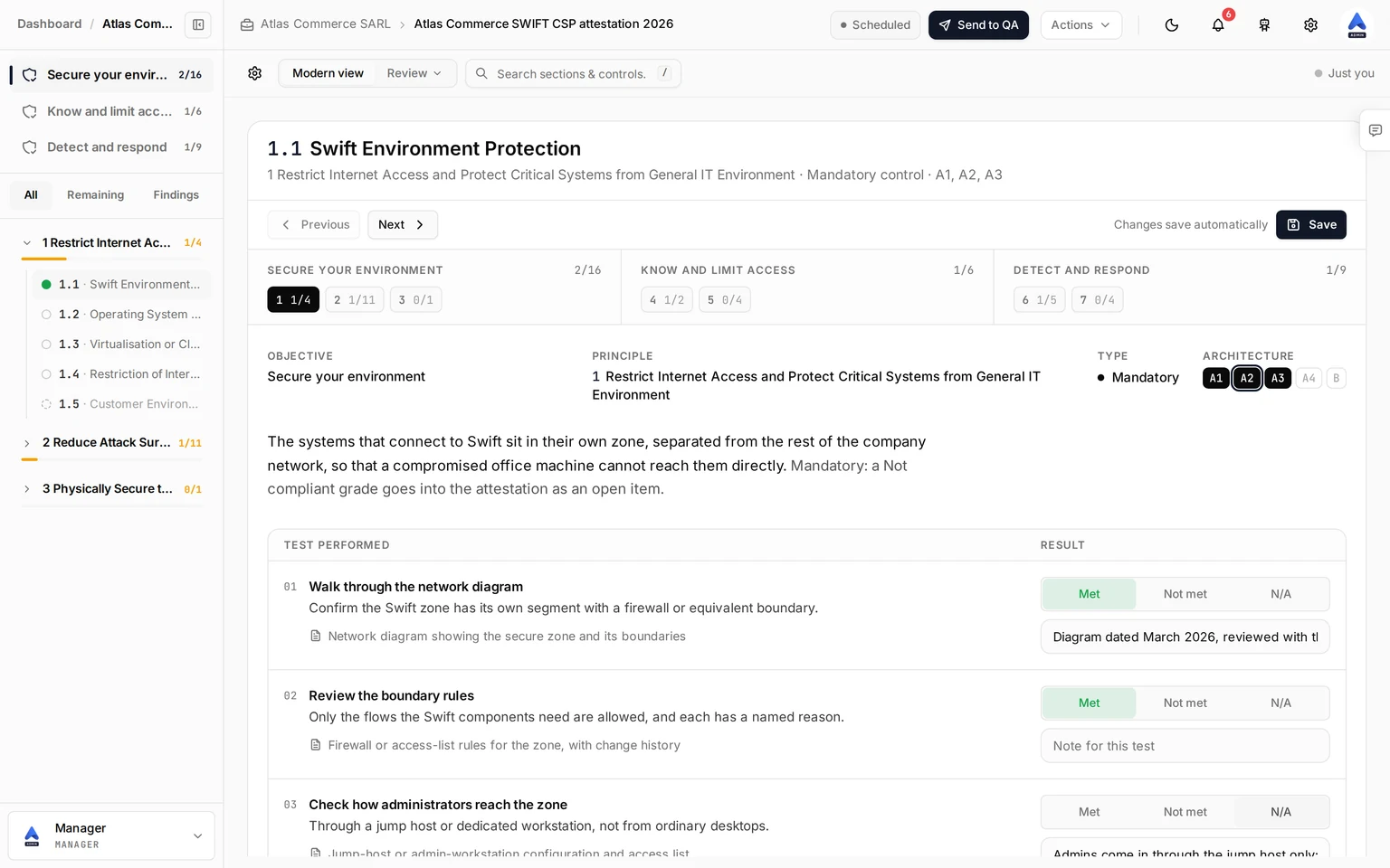 Screenshot of a SWIFT control screen with the objectives strip, the facts and the tests