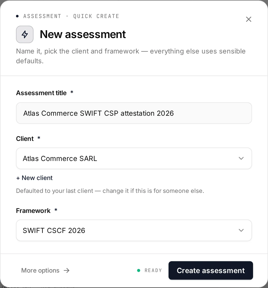 Screenshot of the quick create dialog with the SWIFT CSCF 2026 framework selected